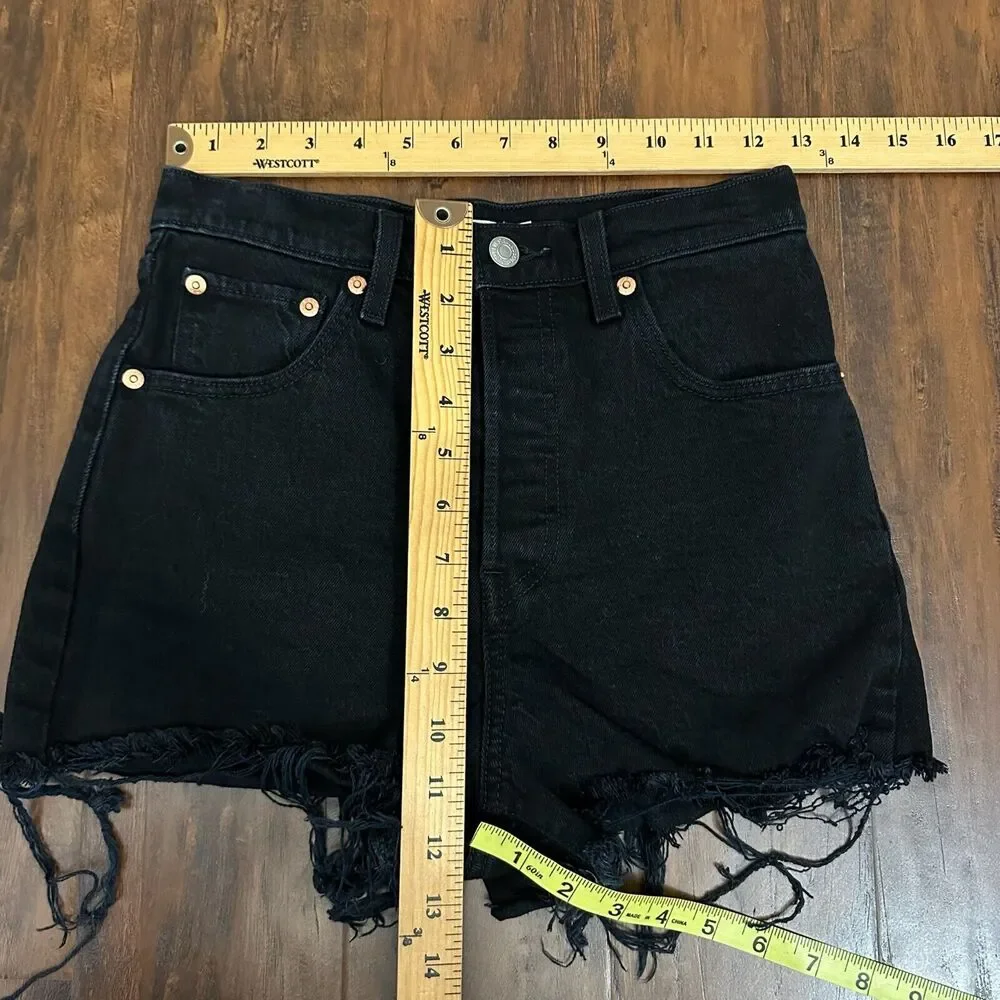 LEVI'S Ribcage Shorts Black Denim High Rise Cut Off Frayed Gothic